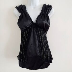 Vintage Y2K Satin Effect Lace Sheer Cami Top with Beaded Details